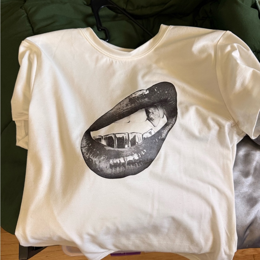 Graphic White T-Shirt with Black Lips Design
